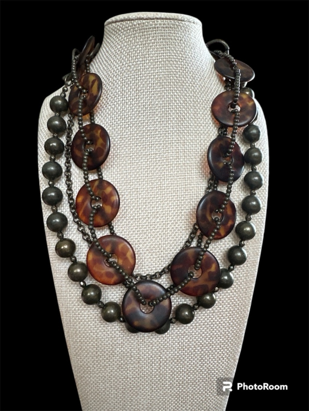Triple-Strand Tortoiseshell Disc and Metallic Bead Necklace - Brown